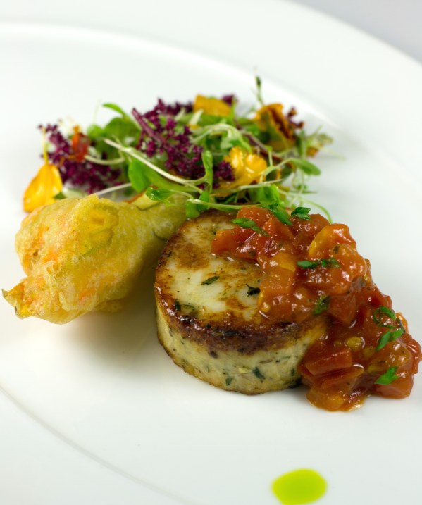 CornCrabCake,TomatoRelish,SquashBlossom